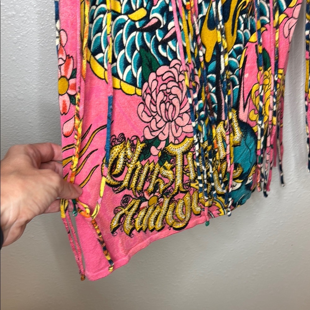 Christian Audigier Pink Tank Sweater Dress w Graphic Design Fringe‎ Y2K - Picture 9 of 17